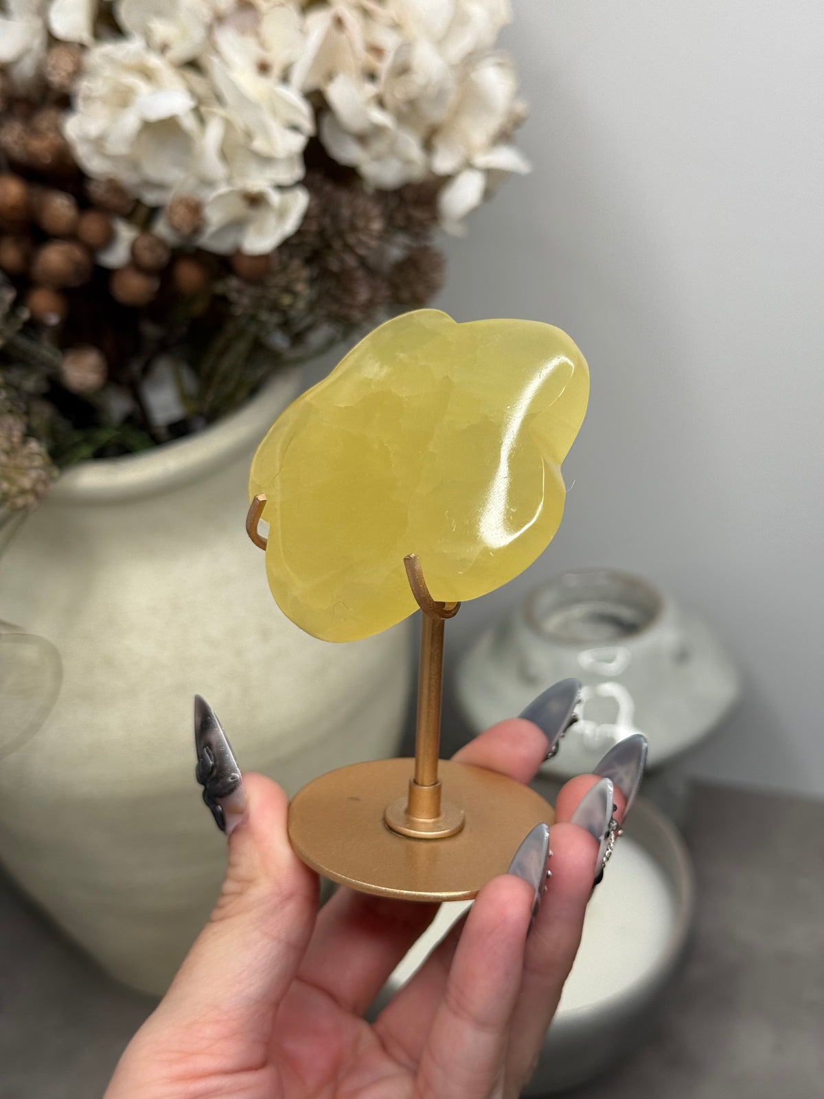 Lemon Flower Crystal Carving with Gold Stand