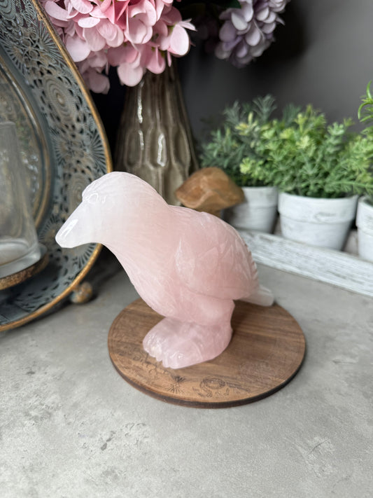 Rose Quartz Crow Crystal Carving