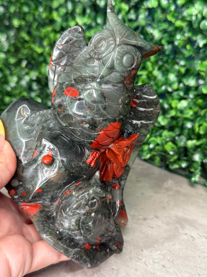 African Bloodstone Large Owl Crystal Carvings 744g