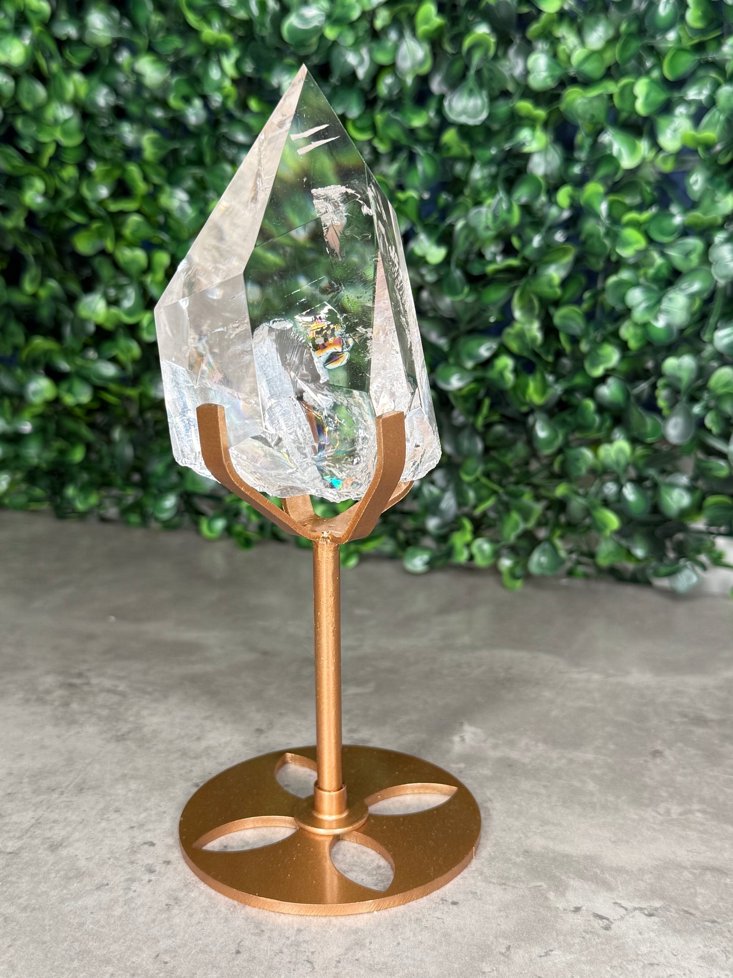 Brazilian Clear Quartz Freeform on Gold Stand — Rainbow Inclusions