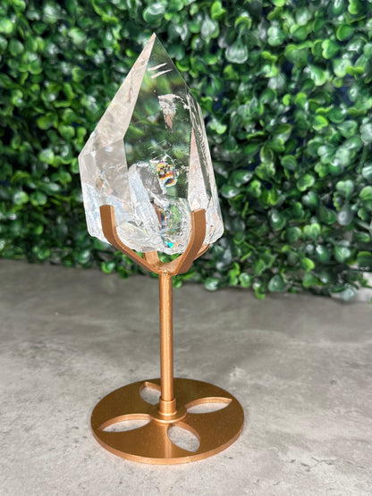Brazilian Clear Quartz Freeform on Gold Stand — Rainbow Inclusions