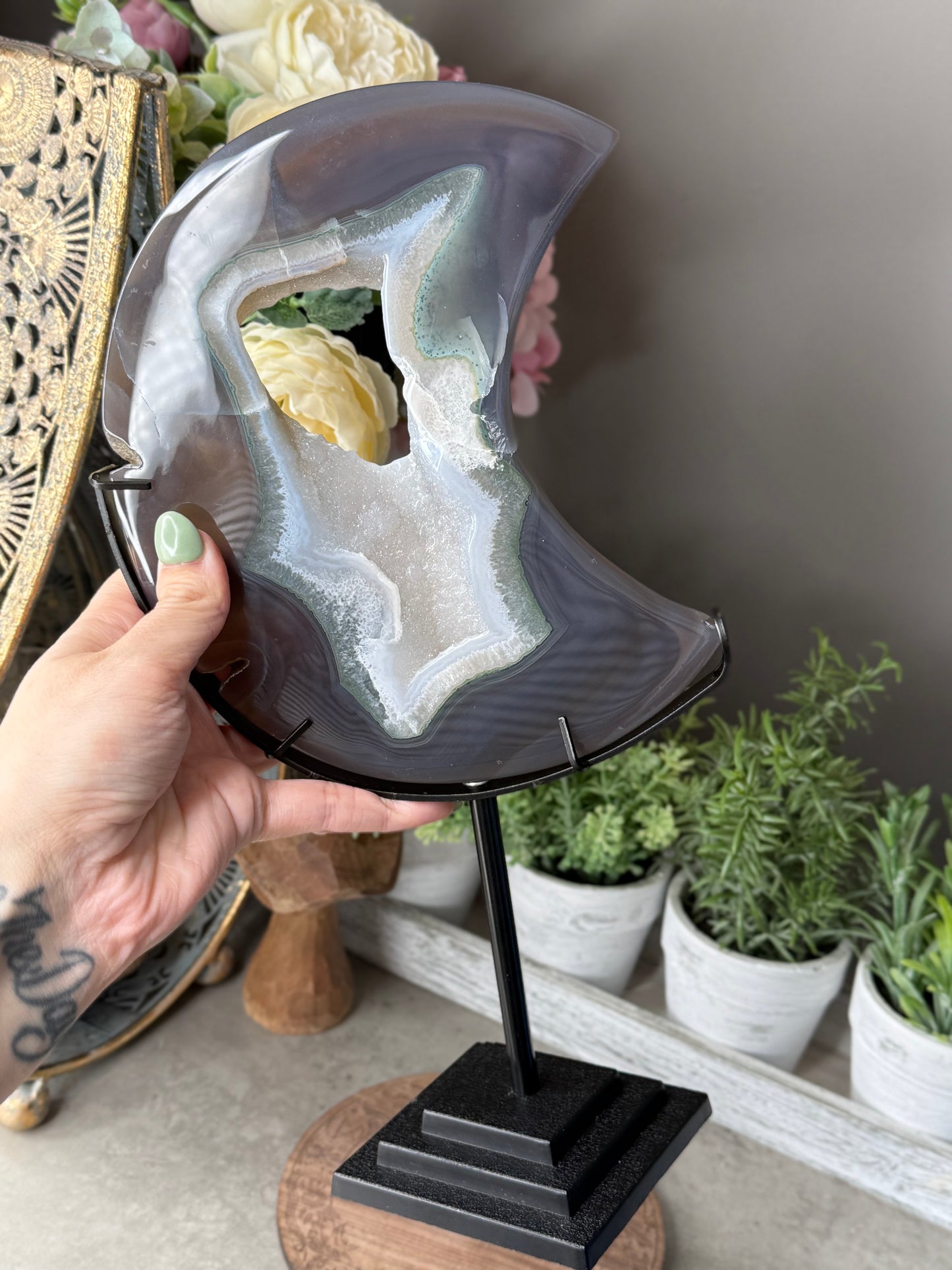 Large Druzy Agate Crystal Moon and Stand Statement Piece