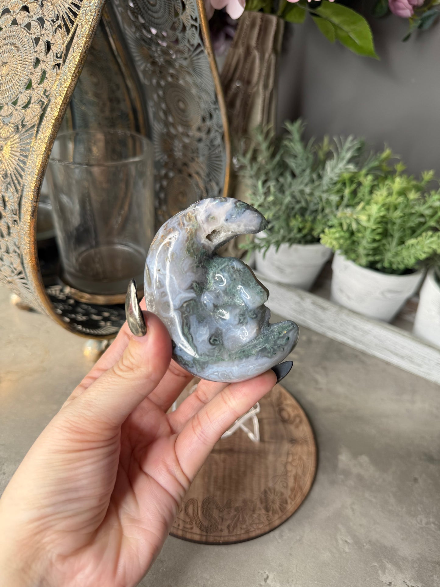 Druzy Moss Agate Moon Bunny