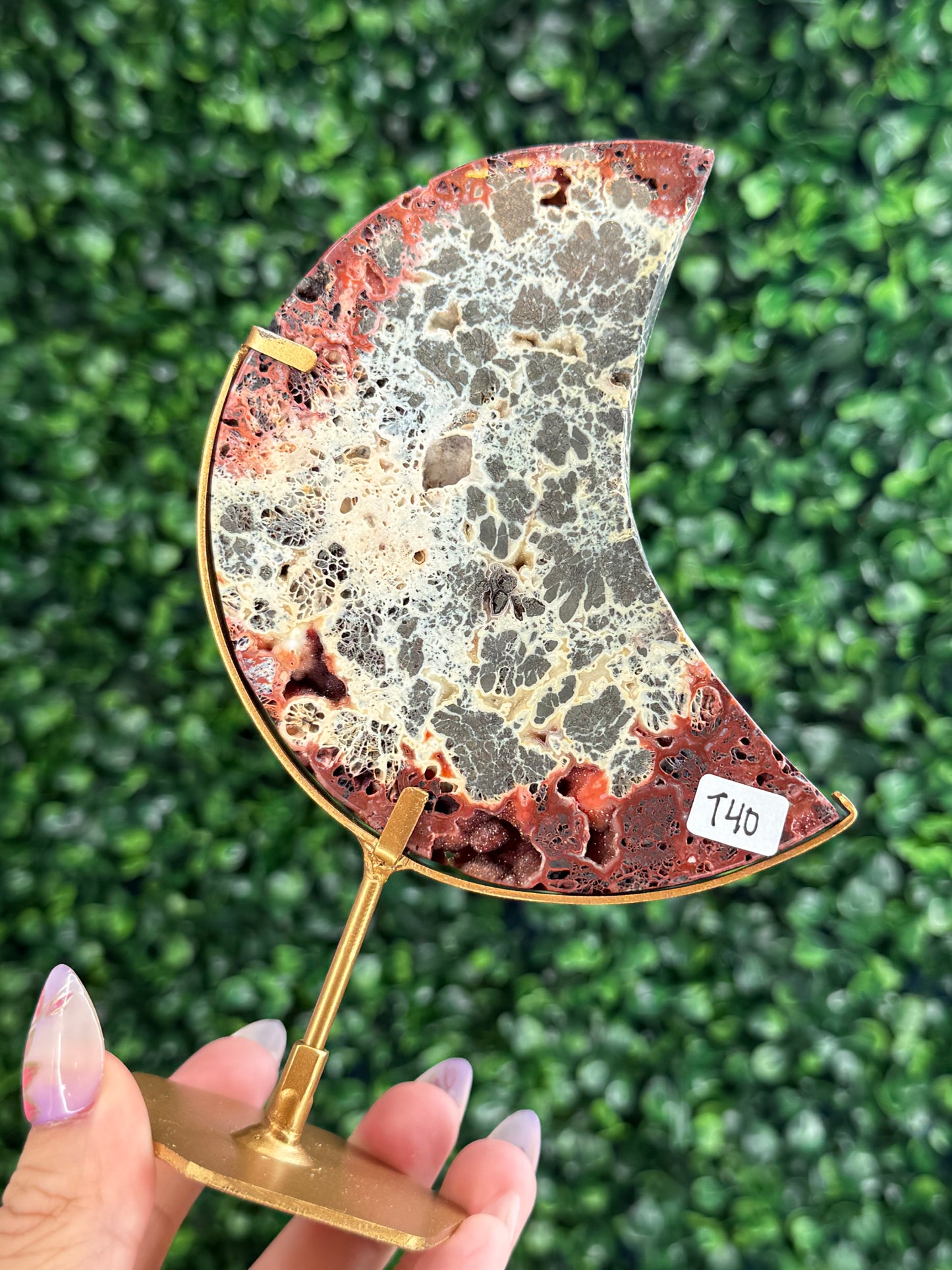 Red Marcasite Moon Crystal carving with stand - Indonesia