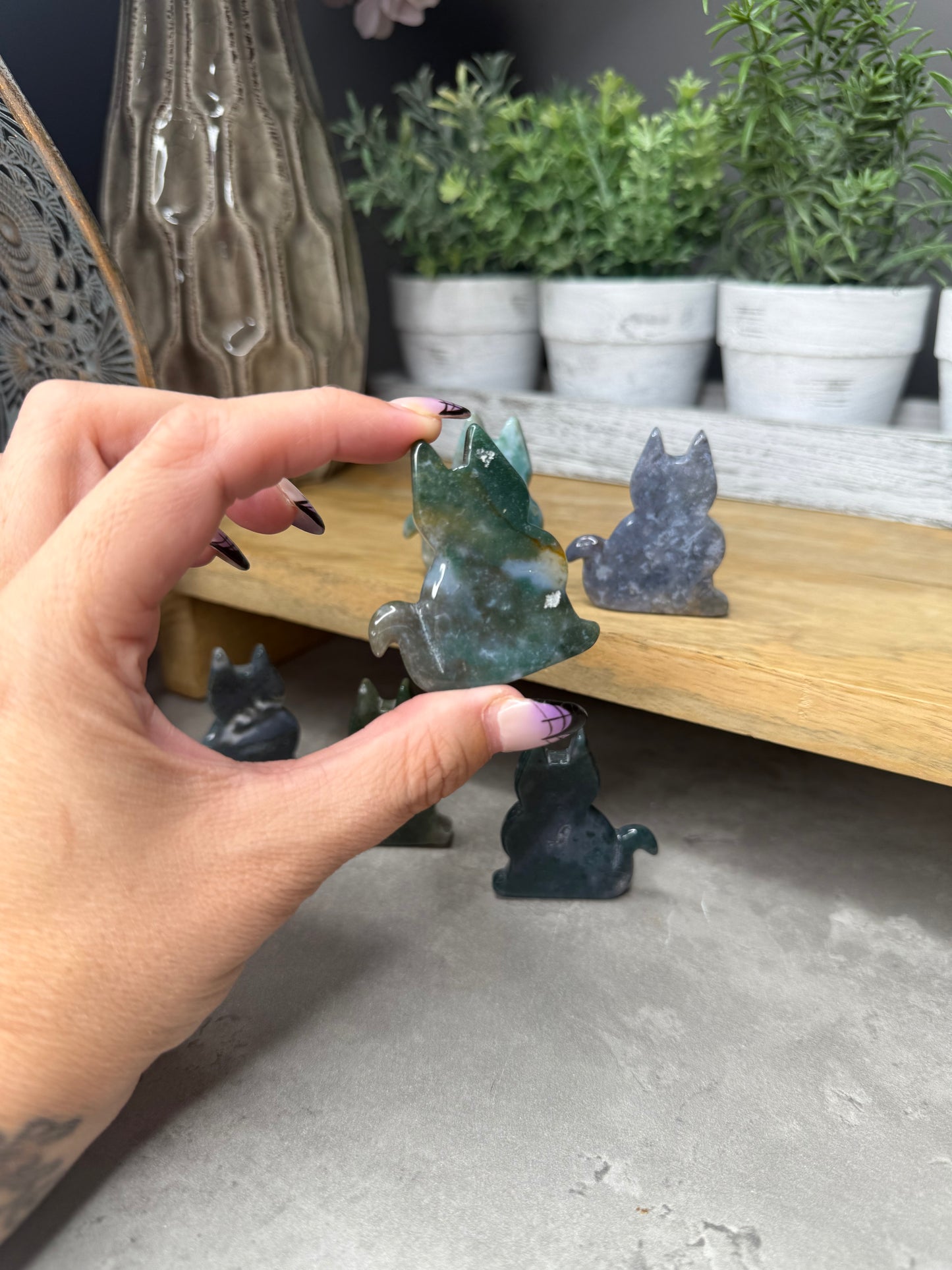 Moss Agate Crystal Cat Carvings