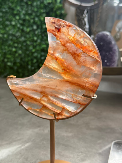 HQ Fire Quartz Moon Crystal Carvings with gold stand