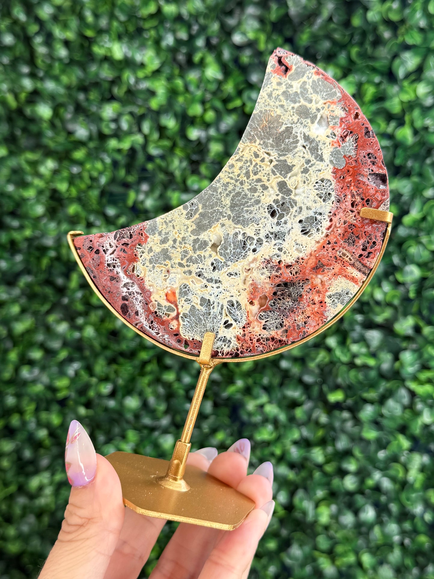 Red Marcasite Moon Crystal carving with stand - Indonesia