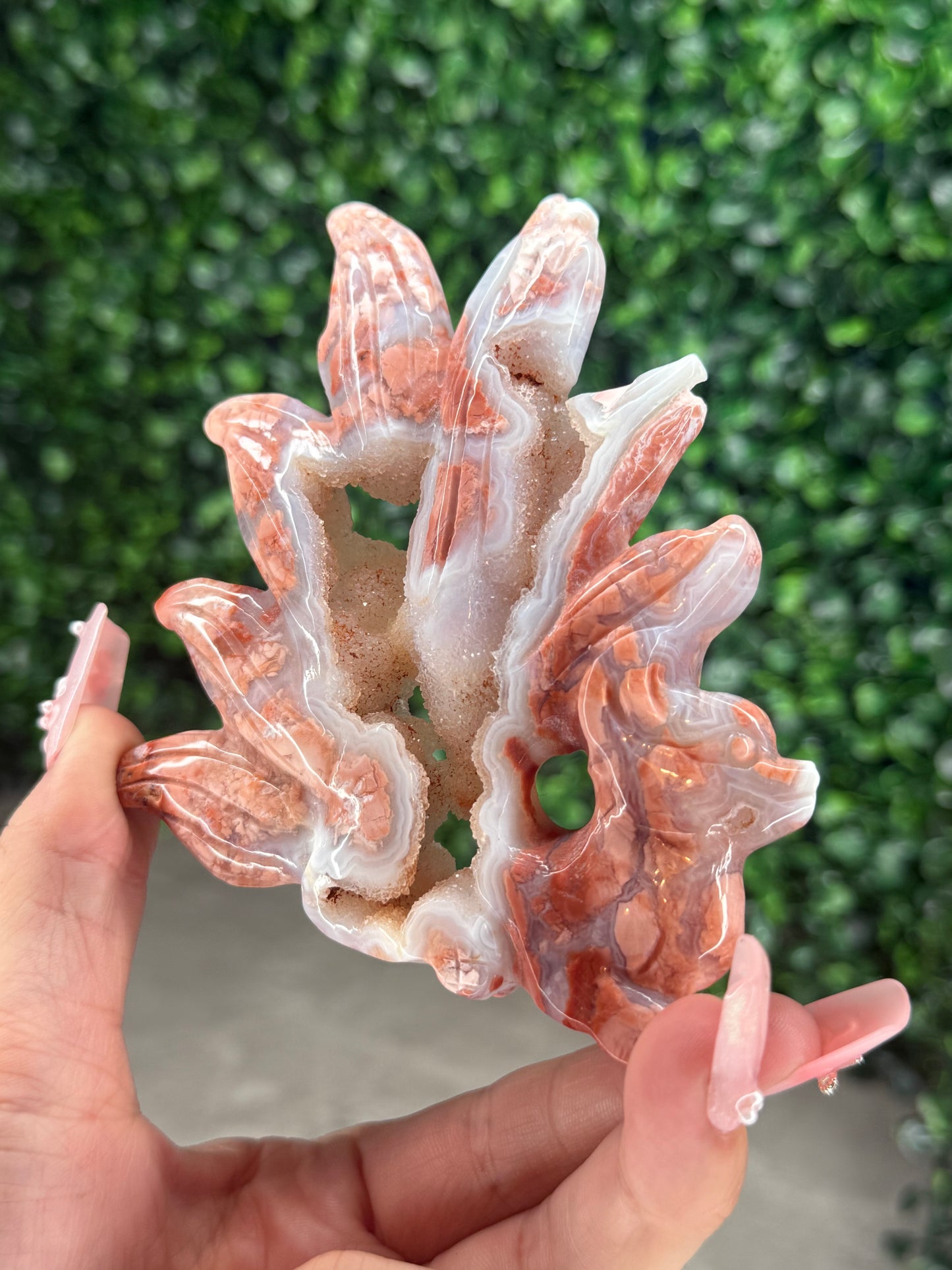 Pink Agate Nine-Tailed Fox Carving with Gold Stand