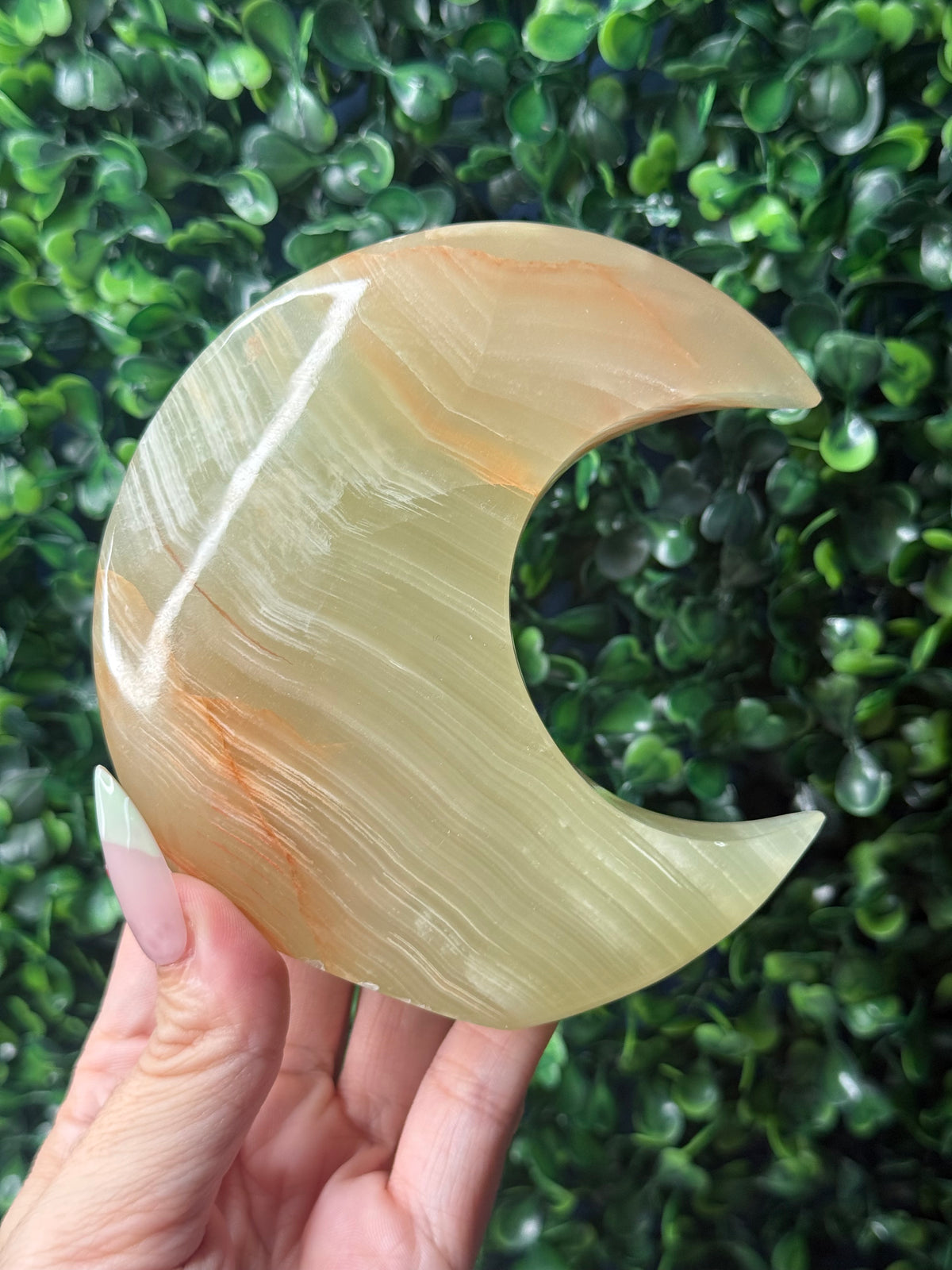 Green Banded Onyx Standing Moon Crystal Carving - Pakistan - A