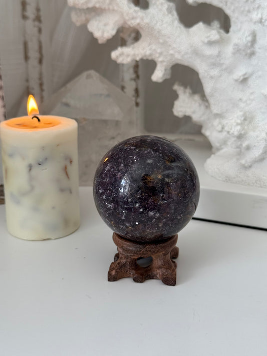 Lepidolite Crystal Sphere with golden healer inclusion