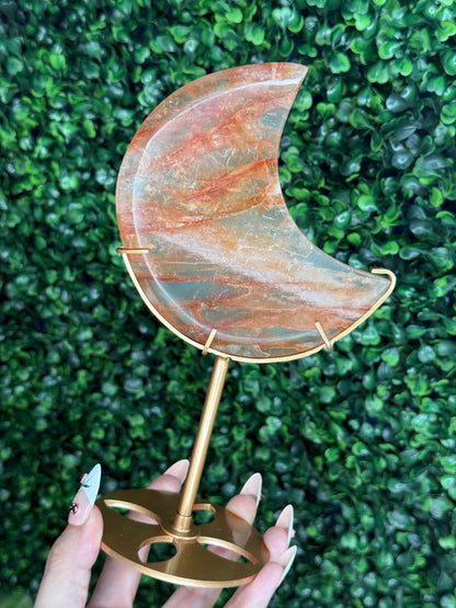HQ Fire Quartz Moon Crystal Carvings with gold stand