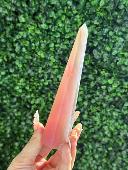 Pink Jelly Agate Obelisk Tower Crystal Carving - C 155g