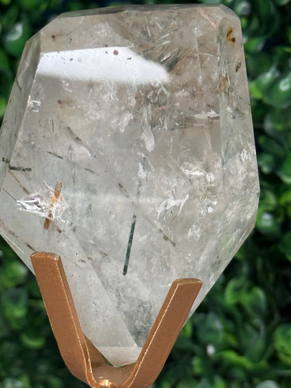Green Actinolite Rutile in Quartz with Custom Gold Stand - Brazil