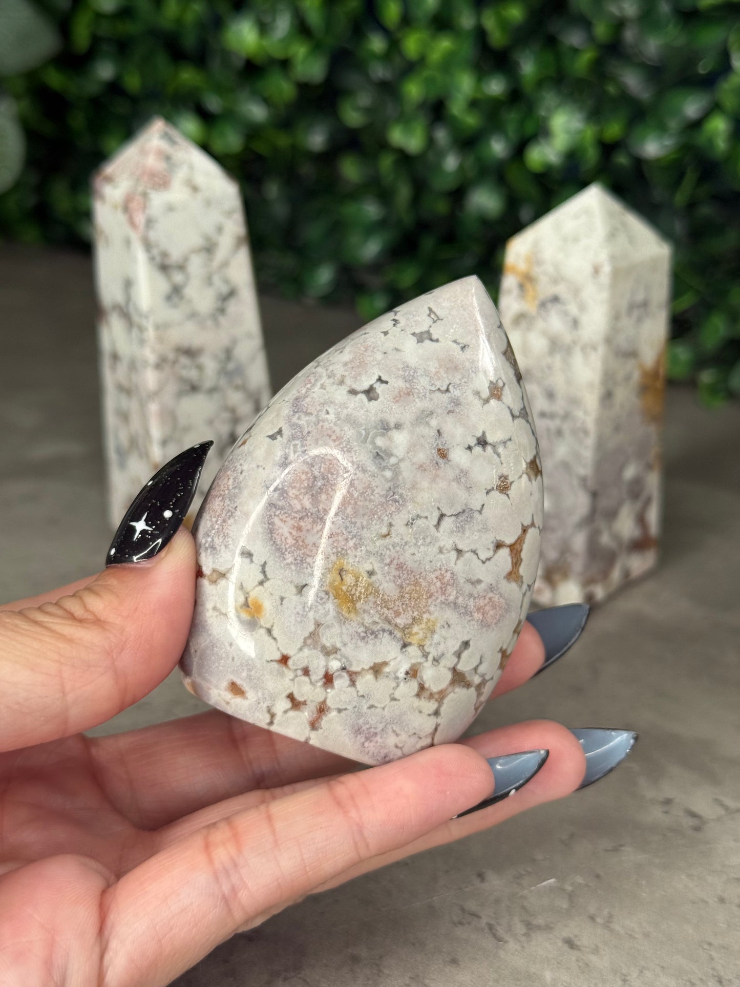 White and Pink Cobra Jasper Crystal Carvings Teardrop and Towers