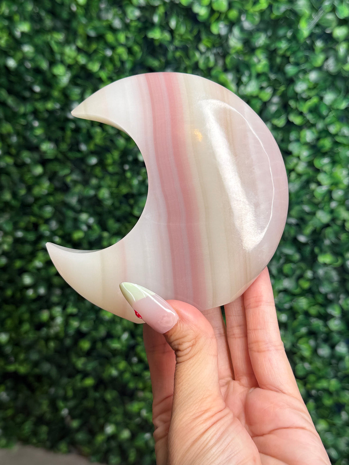Pink Banded Onyx Standing Moon Crystal Carving - Pakistan - A