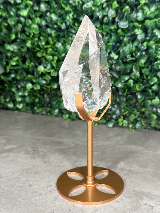 Brazilian Clear Quartz Freeform on Gold Stand — Rainbow Inclusions