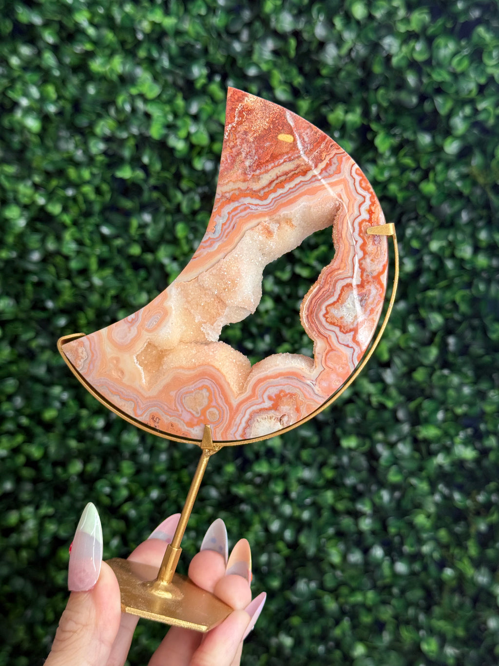 Pink Crazy Lace Agate Moon Crystal Carving - Indonesia