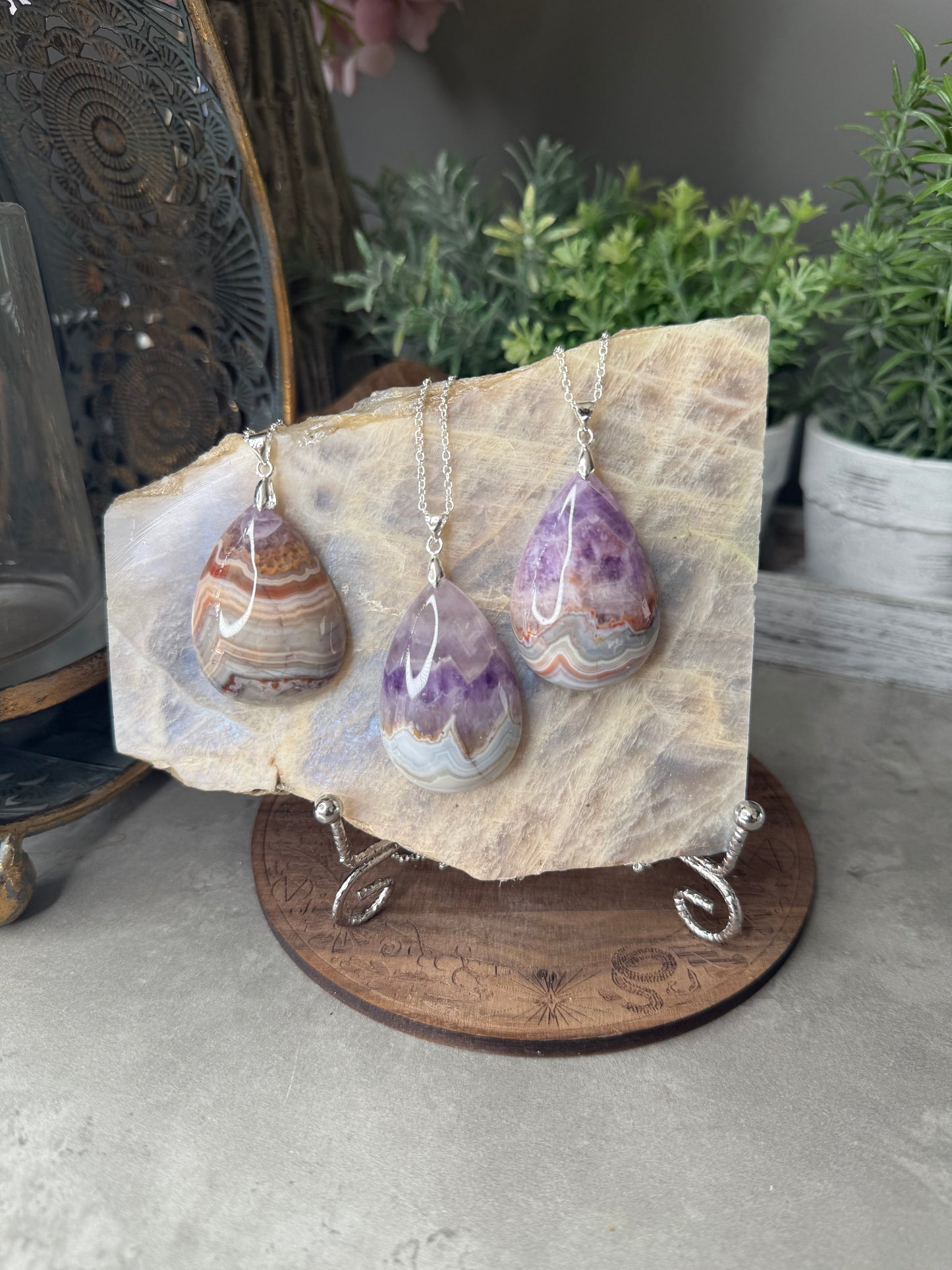 Large Amethyst Agate Silver Crystal Pendants with Chain