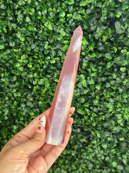 Pink Jelly Agate Obelisk Tower Crystal Carving - E 148
