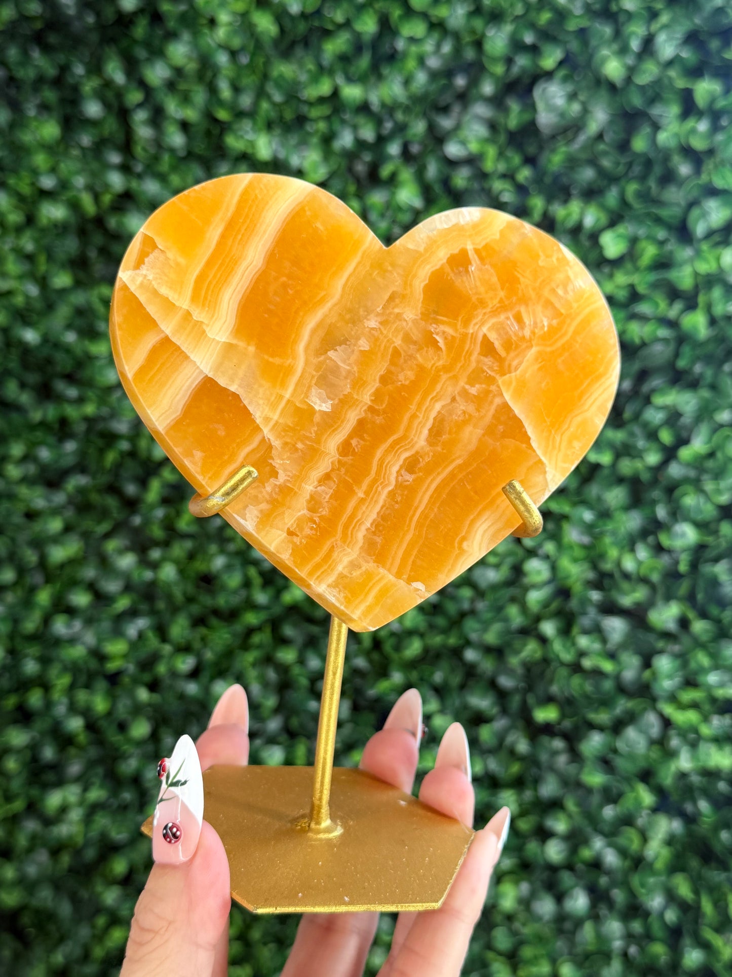 Orange Calcite Heart with Custom Gold Stand from India H