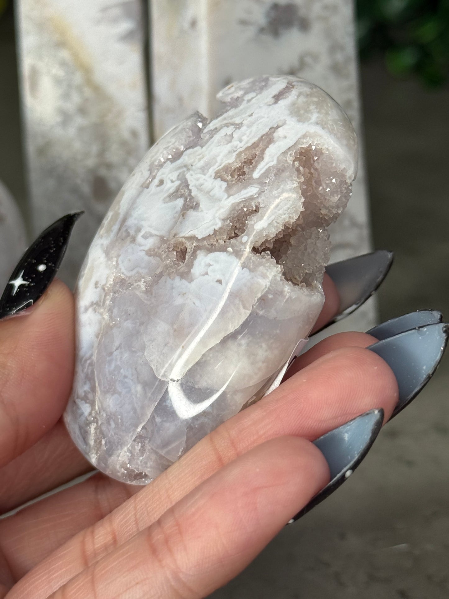 White Plume Agate with Amethyst Druzy from Closed Mine Crystal Carvings