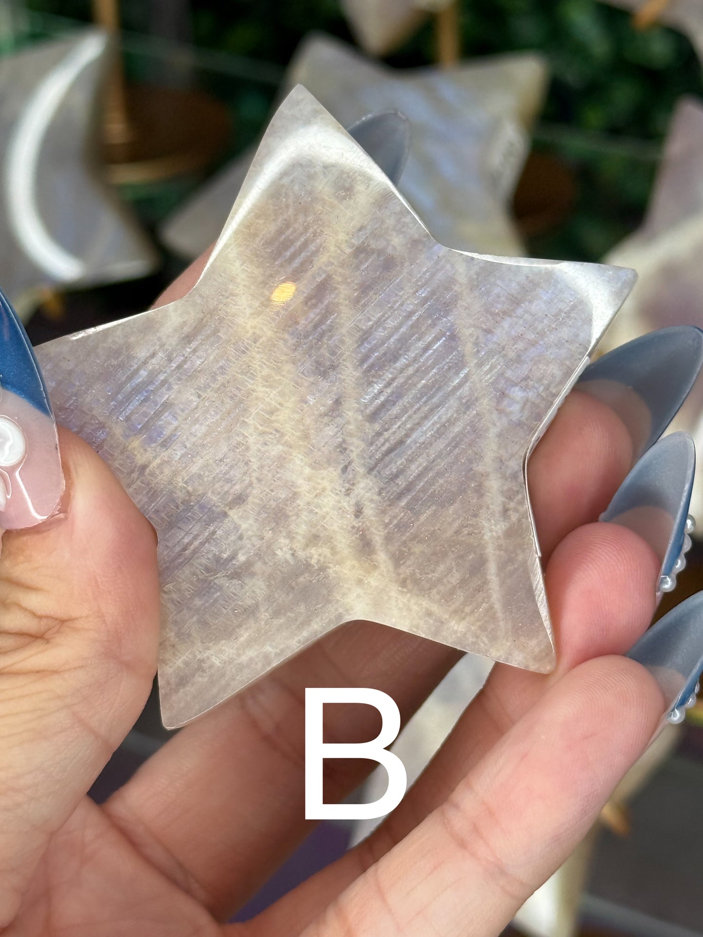 Moonstone Star Carving with Gold Stand – Choose Your Piece (60g–119g)