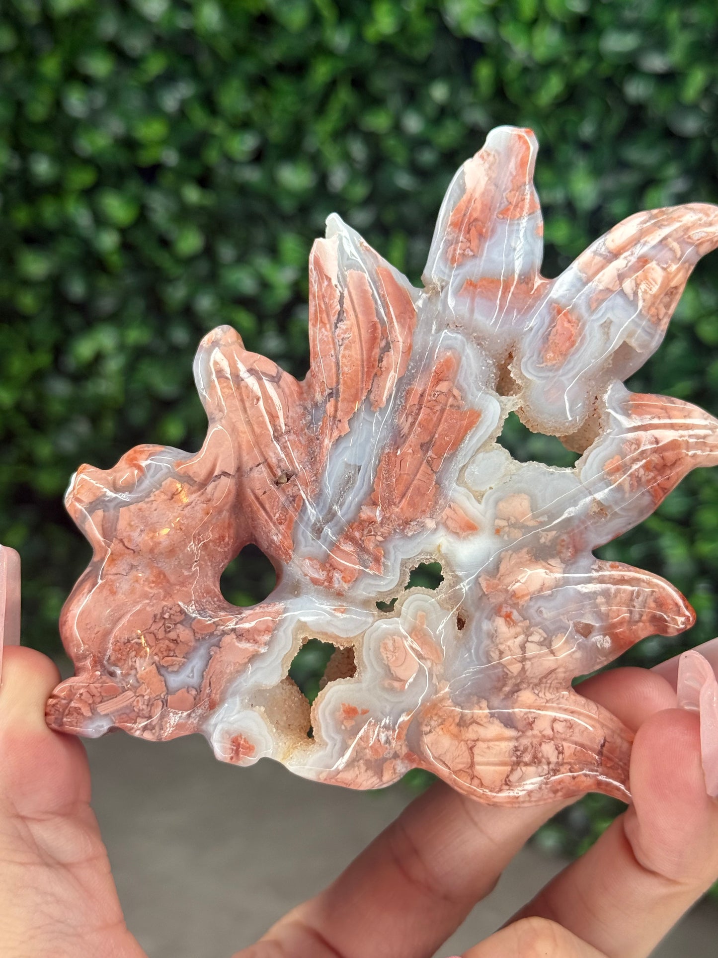 Pink Agate Nine-Tailed Fox Carving with Gold Stand