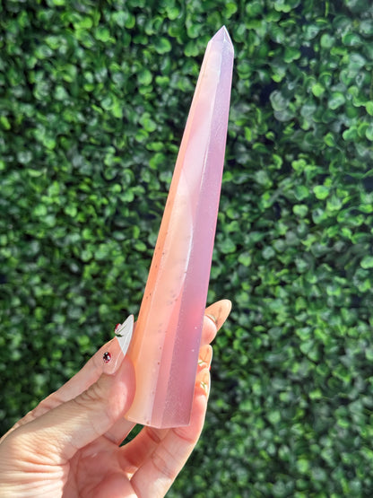Pink Jelly Agate Obelisk Tower Crystal Carving - E 148