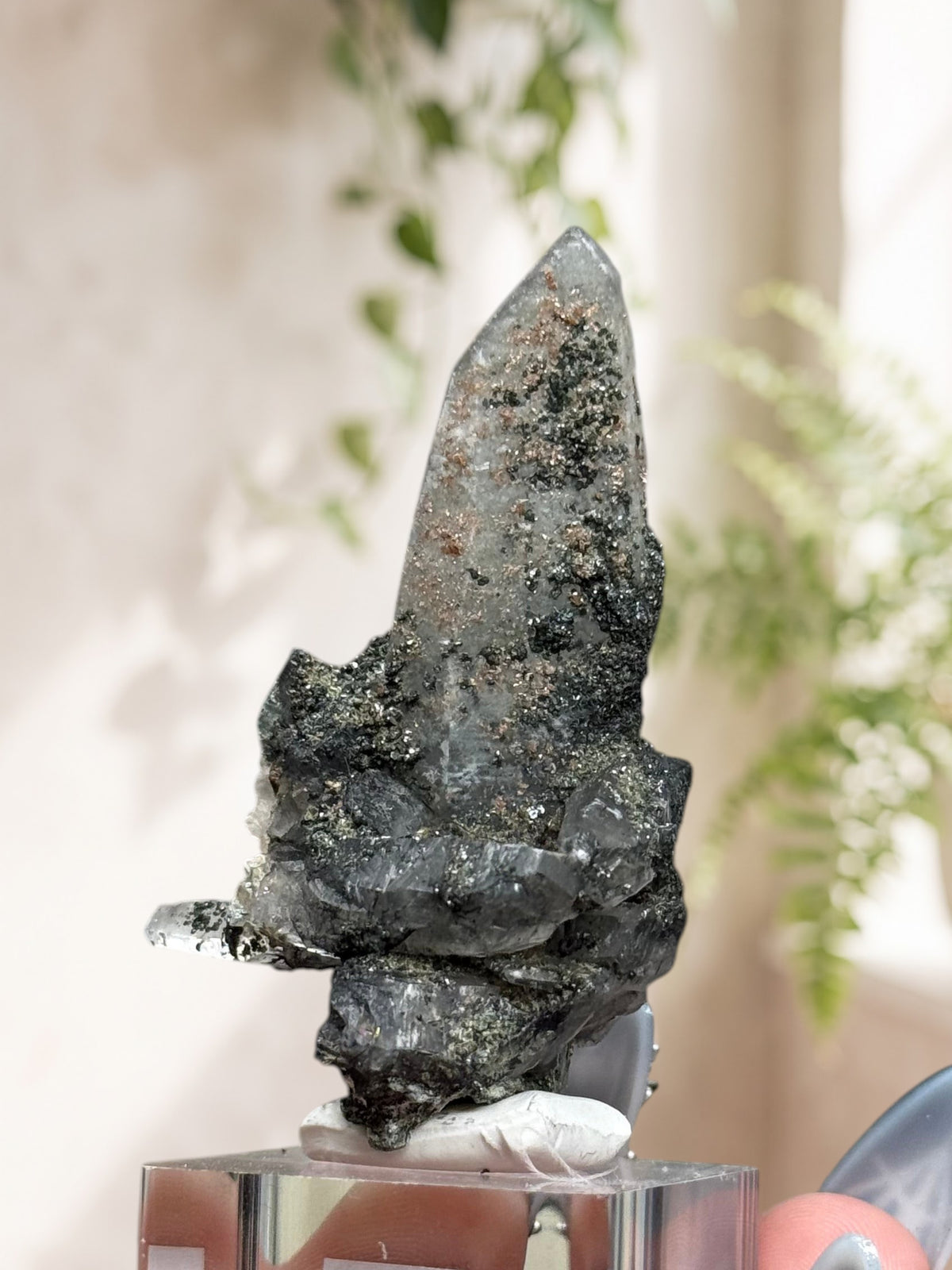 Crystal Glade natural laser quartz specimen from Pakistan with tapering point and dark mineral inclusions