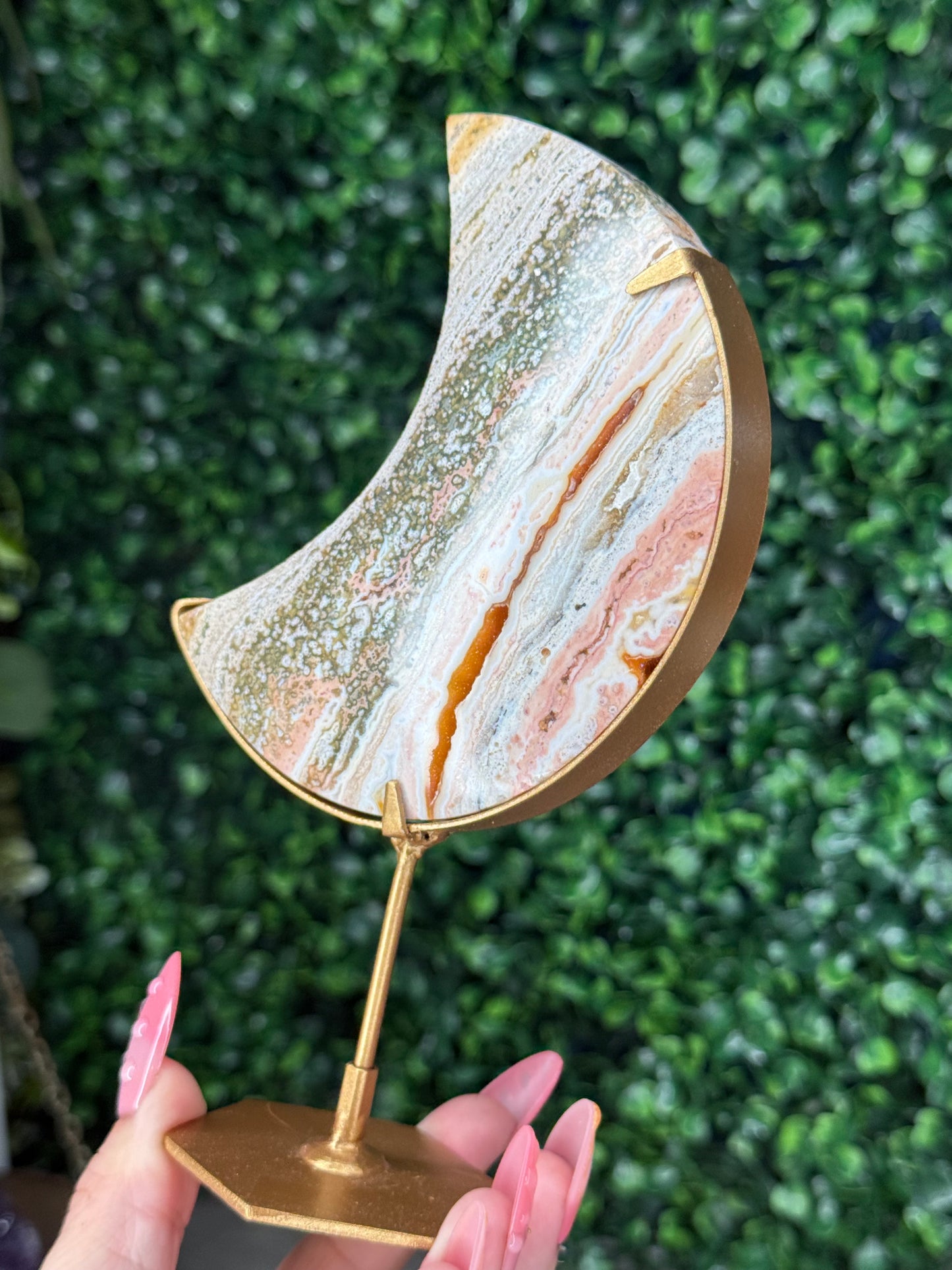 Pink Ocean Jasper moon Crystal carving from Indonesia