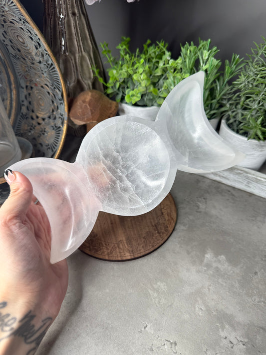 Triple Moon Selenite/Satin Spar Large Crystal Tray Witchcraft Alter