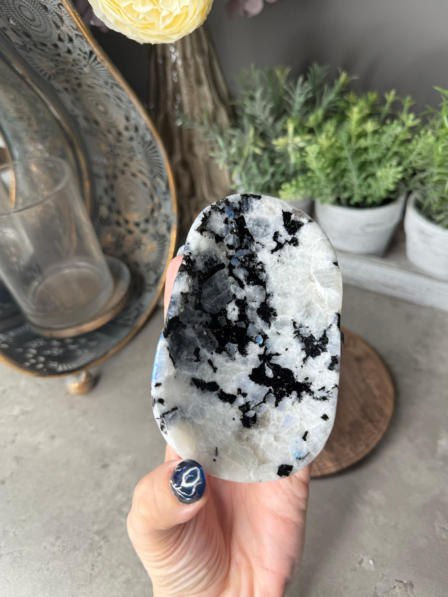 Rainbow Moonstone Crystal Bowl with Pyrite Inclusions