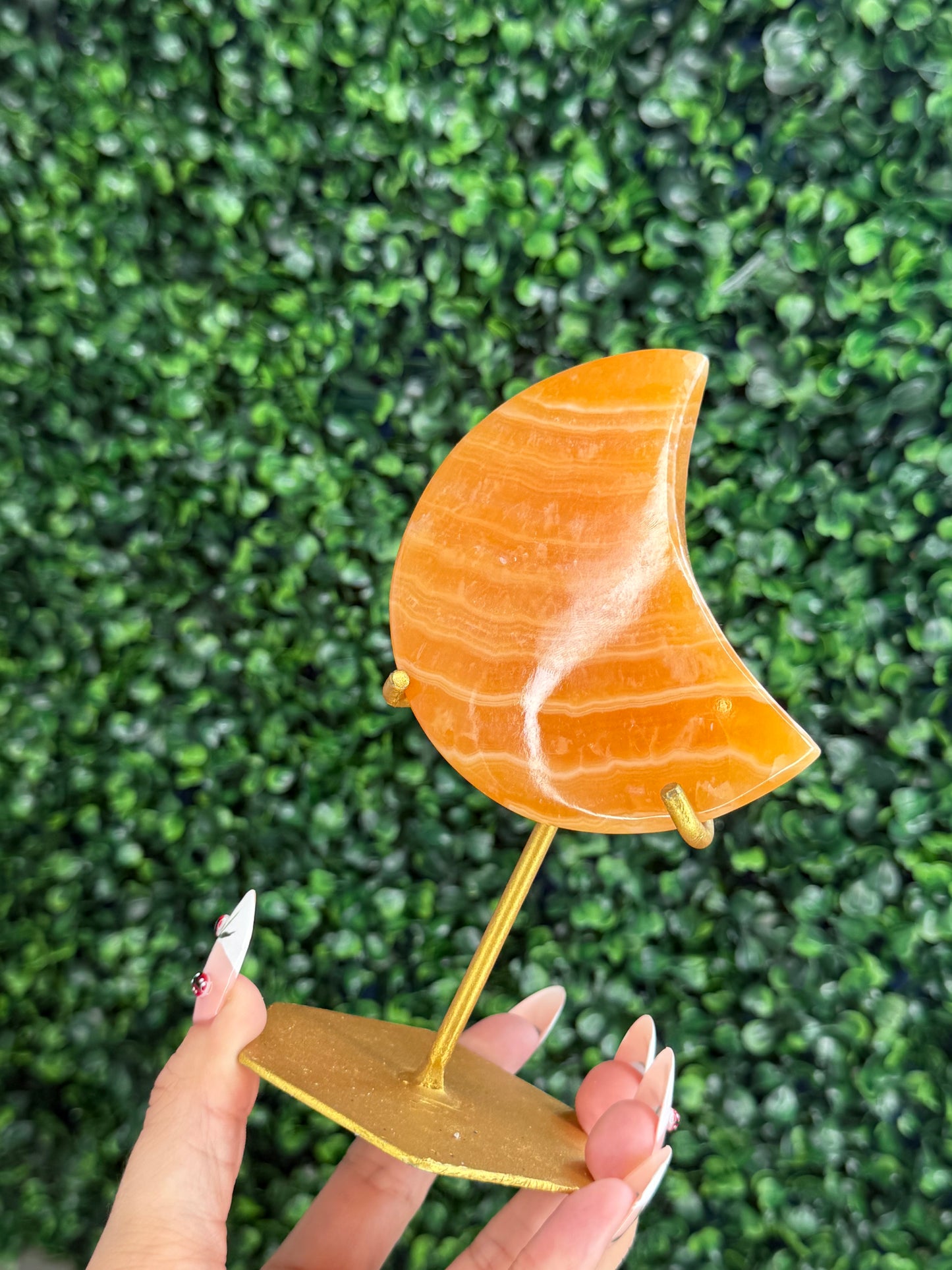 Orange Calcite Moon with Custom Gold Stand from India D