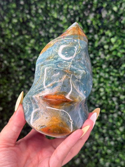 Blue Ocean Jasper Polished Flame Crystal Carvings - 827g