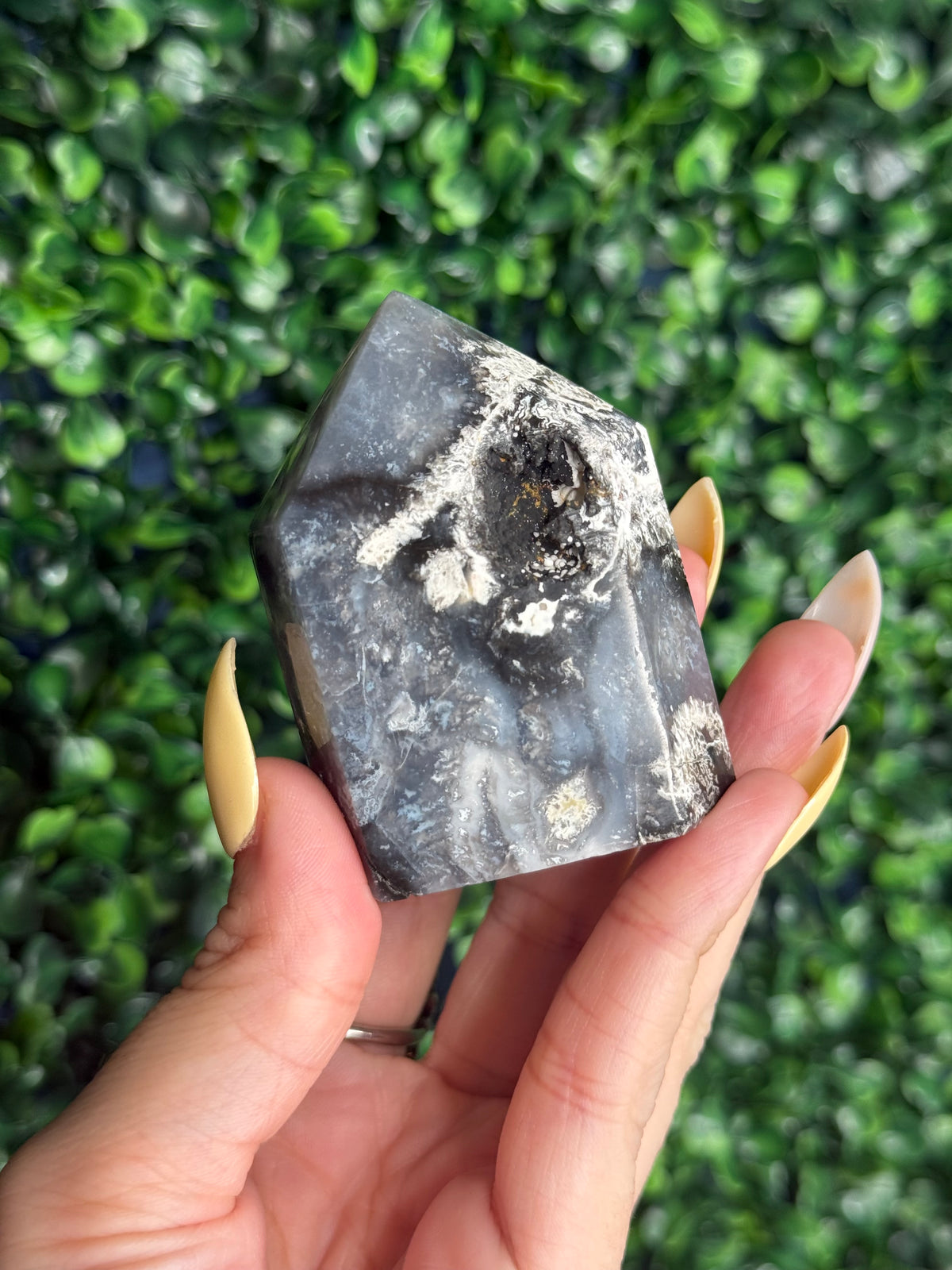 Blue Plume Agate Heart Tower Carving from Indonesia J