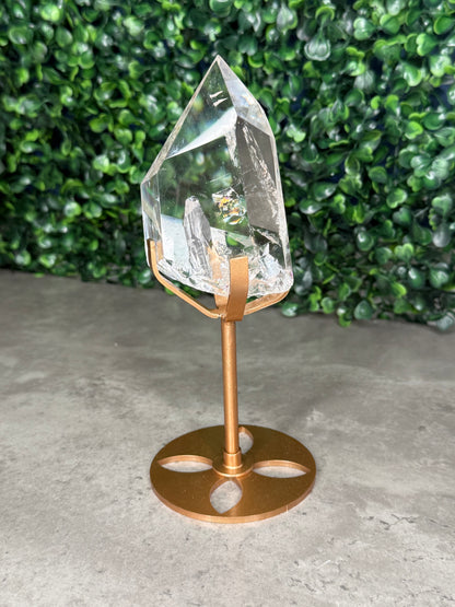 Brazilian Clear Quartz Freeform on Gold Stand — Rainbow Inclusions