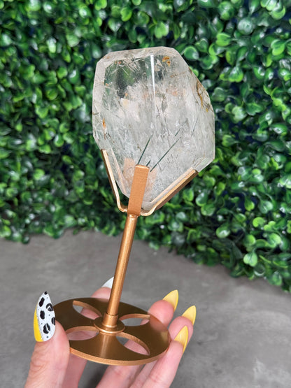 Green Actinolite Rutile in Quartz with Custom Gold Stand - Brazil