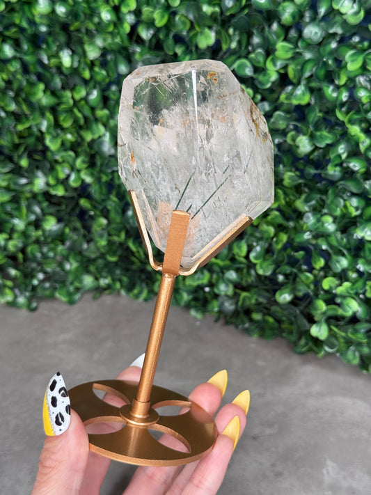 Green Actinolite Rutile in Quartz with Custom Gold Stand - Brazil