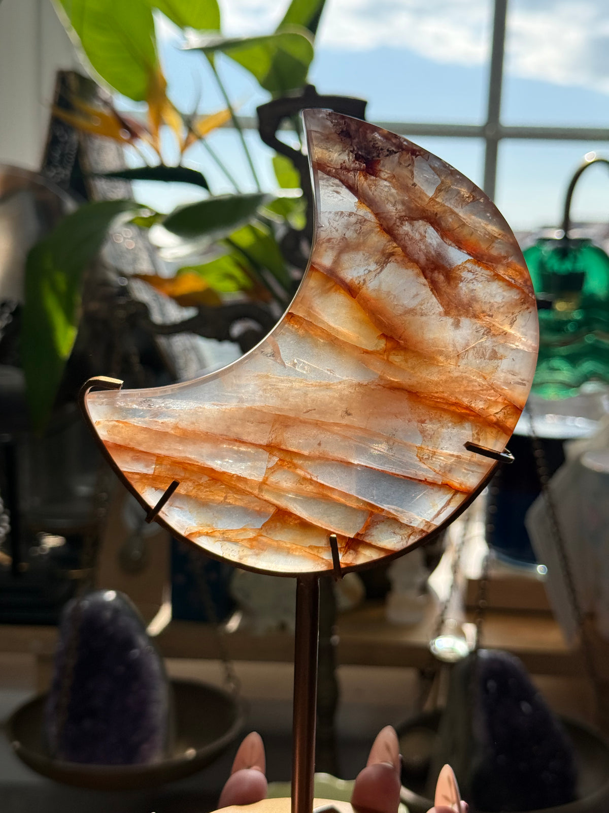 HQ Fire Quartz Moon Crystal Carvings with gold stand