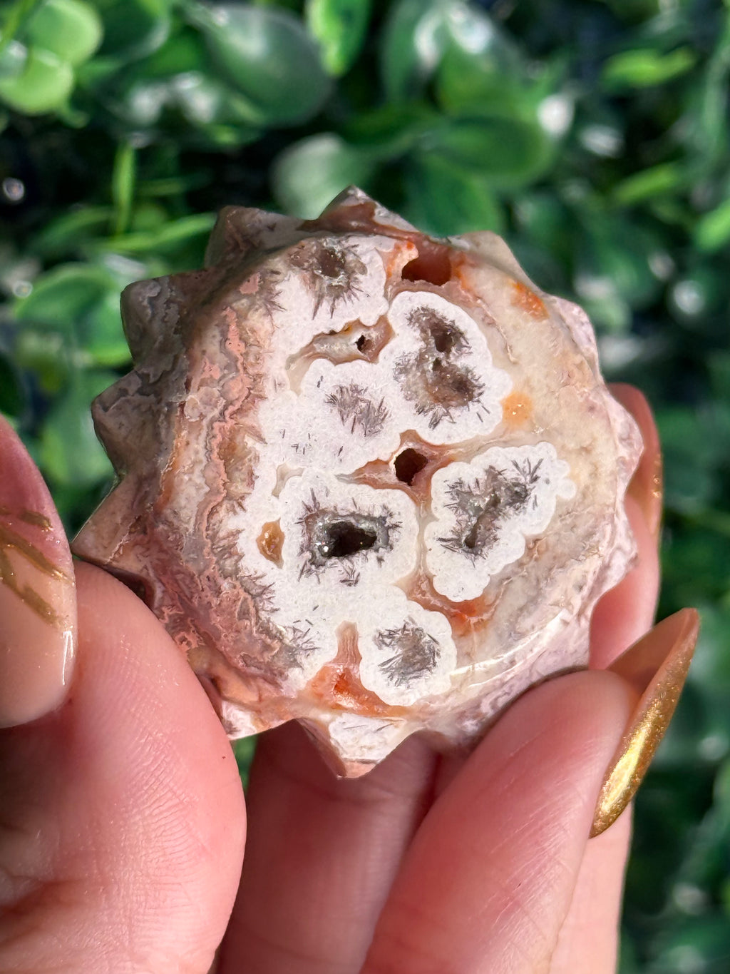 Pink Crazy Lace Agate Sun Crystal Carving from Indonesia - F