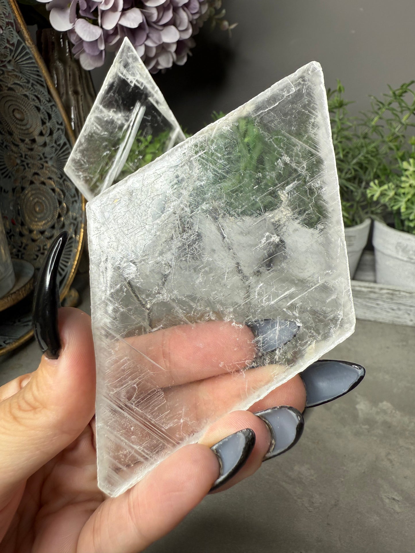 Selenite Rhombus Crystal on Silver Stand