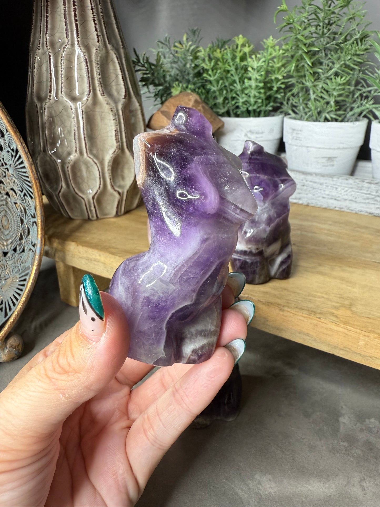 Rose Quartz & Amethyst Goddess Crystal Carvings