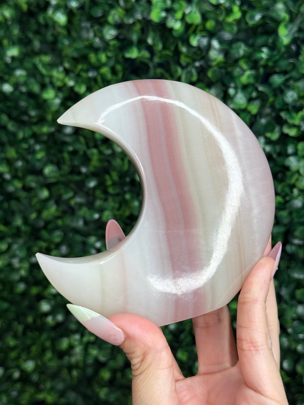 Pink Banded Onyx Standing Moon Crystal Carving - Pakistan - A