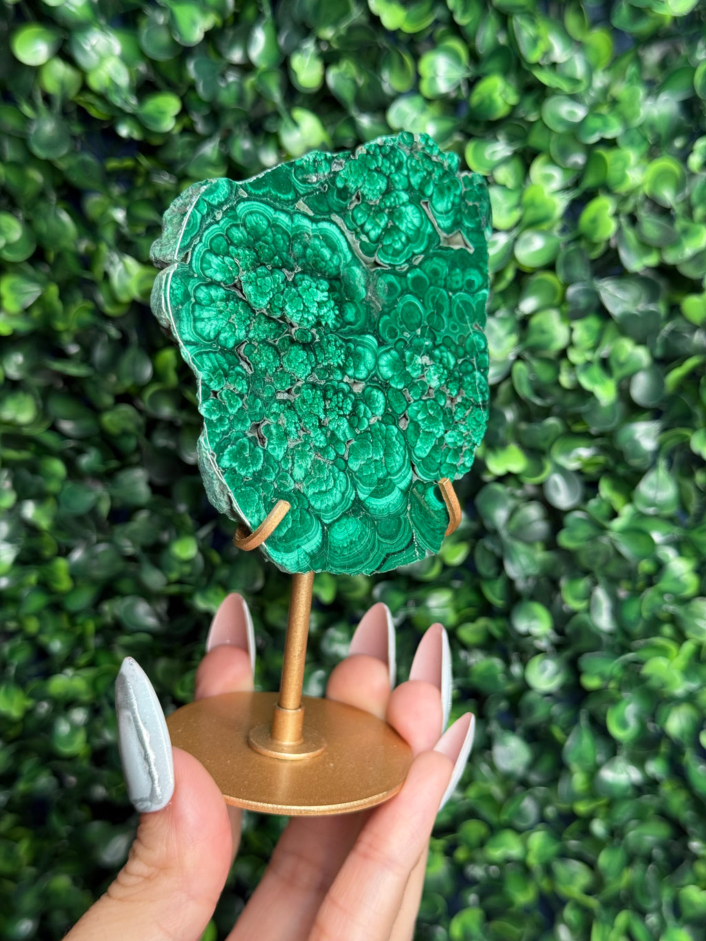 Malachite Slab Crystal Carving with Gold Stand