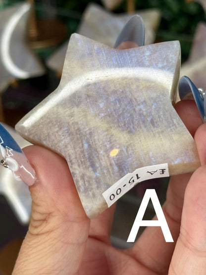 Moonstone Star Carving with Gold Stand – Choose Your Piece (60g–119g)