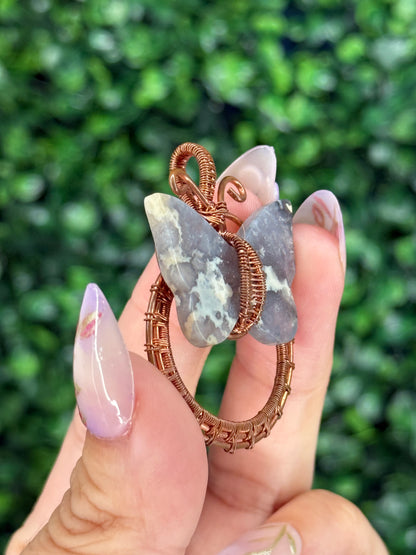 Wire Wrapped Blue Plume Agate Butterfly Crystal Carving Pendant from Indonesia