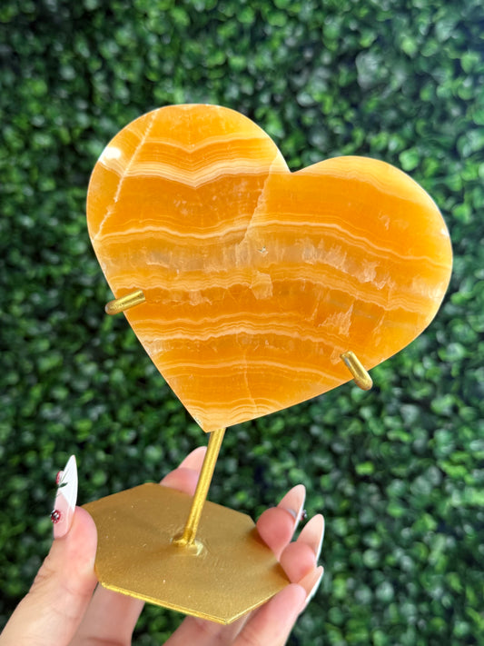 Orange Calcite Heart with Custom Gold Stand from India F