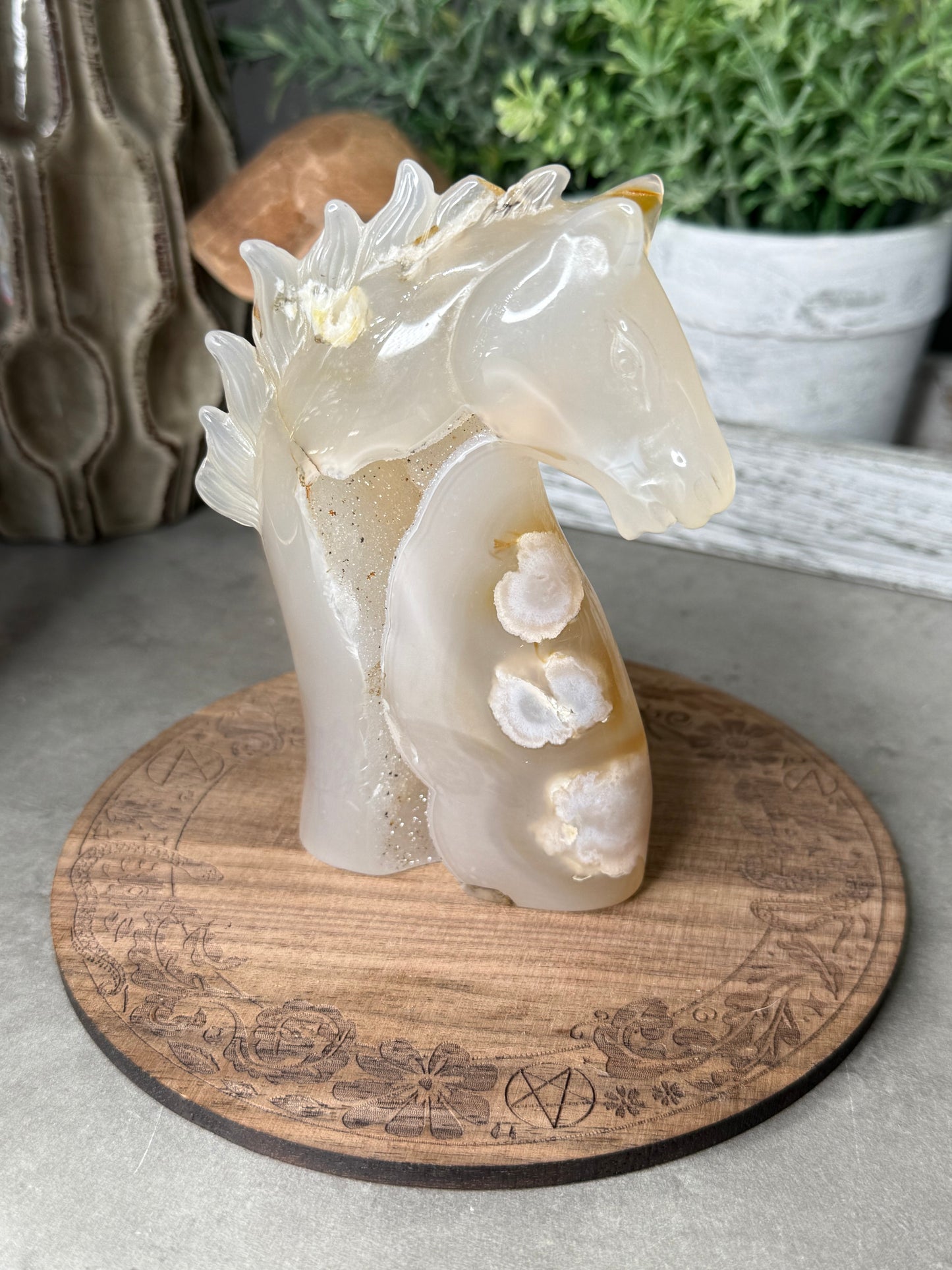 Flower Agate Crystal Horse Head Druzy Carving