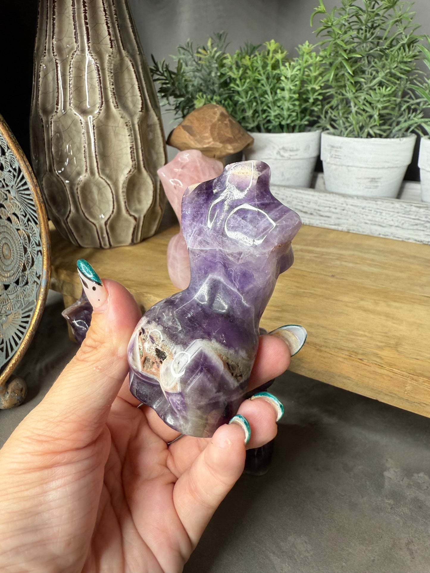 Rose Quartz & Amethyst Goddess Crystal Carvings
