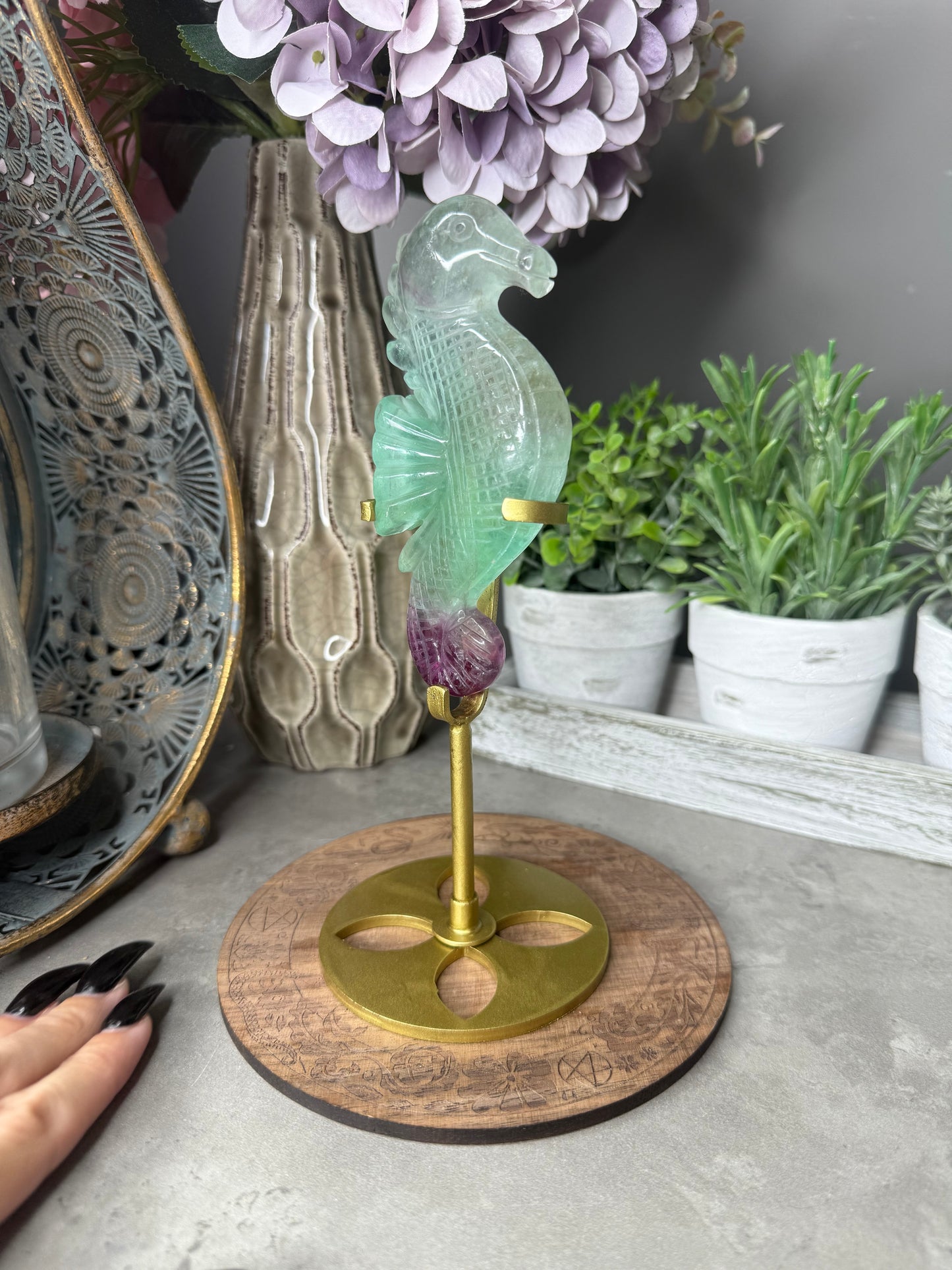 Rainbow Fluorite Seahorse with Gold Stand